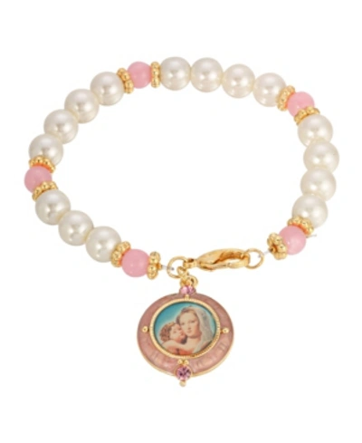Symbols Of Faith 14k Gold-dipped Imitation Pearl Mary And Child Image Charm Bracelet In Pink