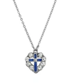 Symbols Of Faith Pewter Blue Enamel Cross Crystal Heart Necklace In Blue