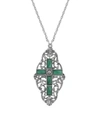 Symbols Of Faith Pewter Green Stone Cross Necklace In Green