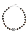 Symbols Of Faith Silver-tone Hail Mary Beaded Prayer Semi Precious Genuine Brown Obsidian Necklace In Brown
