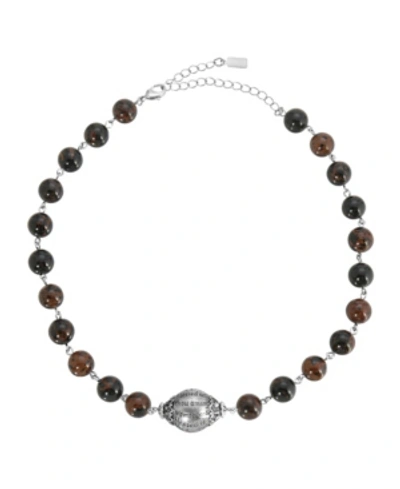 Symbols Of Faith Silver-tone Hail Mary Beaded Prayer Semi Precious Genuine Brown Obsidian Necklace