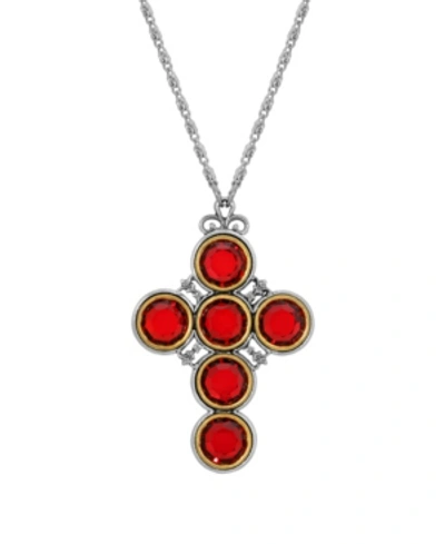 Symbols Of Faith Pewter Cross With Round Red Crystal Necklace