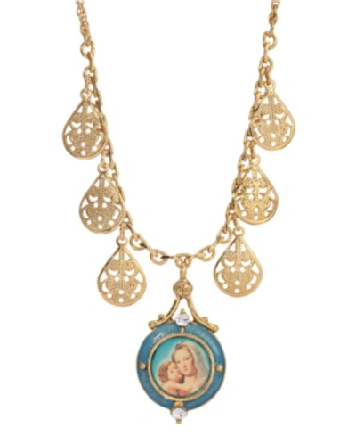 Symbols Of Faith 14k Gold-dipped Mary And Child Decal Enamel Pendant Necklace In Blue