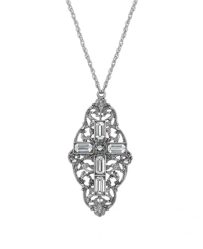 Symbols Of Faith Pewter Crystal Cross Necklace In White