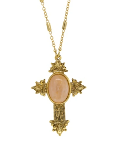 Symbols Of Faith 14k Gold Dipped Oval Semi Precious Genuine Rose Quartz Cross Necklace In Pink