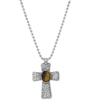 SYMBOLS OF FAITH MEN'S SILVER-TONE TIGER EYE HAMMERED METAL CROSS NECKLACE