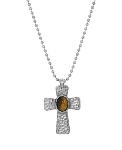 Symbols Of Faith Men's Silver-tone Tiger Eye Hammered Metal Cross Necklace In Brown