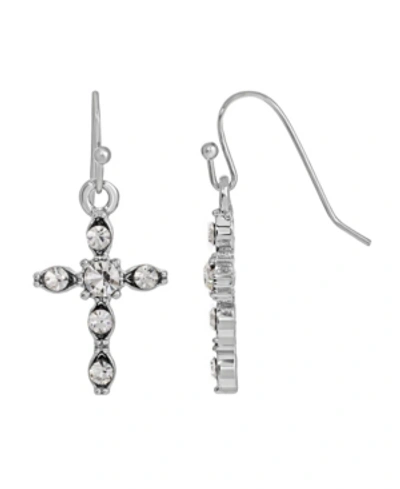 Symbols Of Faith Silver-tone Crystal Cross Drop Earrings In White