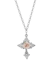 Symbols Of Faith Silver-tone Crystal Porcelain Rose Cross Pendant Necklace In Pink