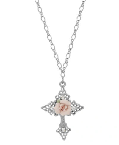 Symbols Of Faith Silver-tone Crystal Porcelain Rose Cross Pendant Necklace In Pink
