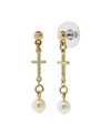 SYMBOLS OF FAITH 14K GOLD DIPPED CROSS DROP IMITATION PEARL EARRINGS