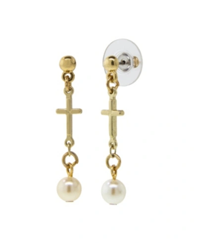 Symbols Of Faith 14k Gold Dipped Cross Drop Imitation Pearl Earrings In White