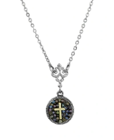 Symbols Of Faith Silver-tone Carded Multi Color Round Beaded Cross Necklace In Gray