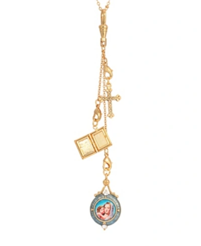 Symbols Of Faith 14k Gold Dipped Cross, Bible, Mary Child Charm Drop Necklace In Blue