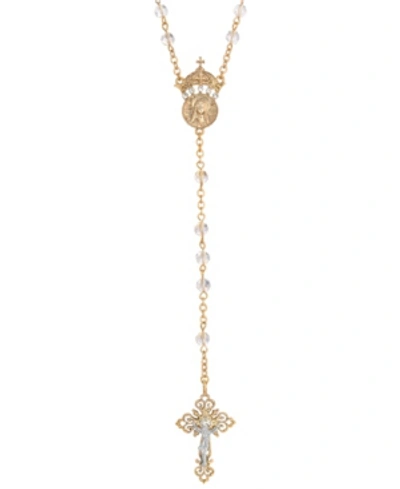 Symbols Of Faith 14k Gold-dipped Crystal Two Rings And Cross Medallion Wedding Rosary In Gold-tone