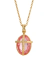 SYMBOLS OF FAITH 14K GOLD DIPPED LIGHT PINK OVAL STONE CRYSTAL CROSS NECKLACE
