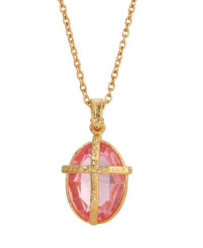 Symbols Of Faith 14k Gold Dipped Light Pink Oval Stone Crystal Cross Necklace