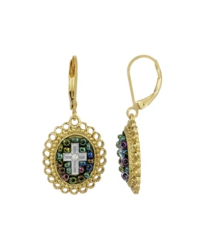 Symbols Of Faith 14k Gold Dipped Carded Multi Color Beaded Crystal Cross Euro Wire Earring In White