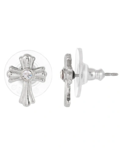 Symbols Of Faith Silver-tone Crystal Cross Stud Earrings In White
