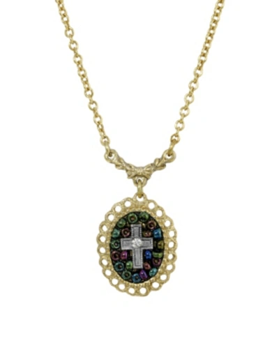 Symbols Of Faith 14k Gold Dipped Carded Oval Multi Color Beaded Crystal Cross Necklace In White