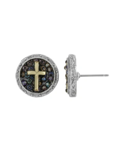 Symbols Of Faith Silver-tone Carded Multi Color Beaded Cross Round Stud Earrings