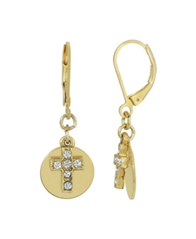 Symbols Of Faith 14k Gold Dipped Carded Crystal Cross With Round Disc Euro Wire Earrings In Yellow