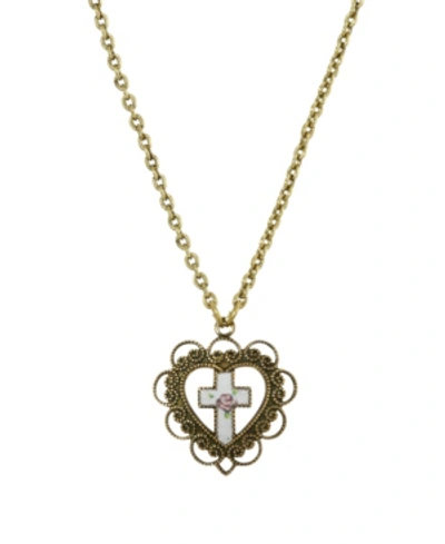 Symbols Of Faith Gold-tone Heart With White Floral Cross Necklace