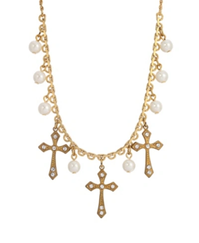 Symbols Of Faith Gold-tone Triple Cross Imitation Pearl Drop Necklace In White