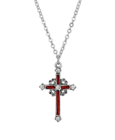 Symbols Of Faith Pewter Red Hand Enamel Cross With Crystals Necklace