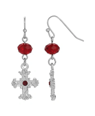Symbols Of Faith Silver-tone Red Crystal Cross Drop Earrings