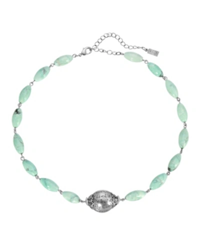 Symbols Of Faith Silver-tone Hail Mary Beaded Prayer Semi Precious Genuine Howlite Necklace In Turquoise