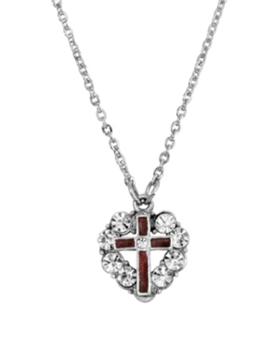 Symbols Of Faith Pewter Red Enamel Cross Crystal Heart Necklace