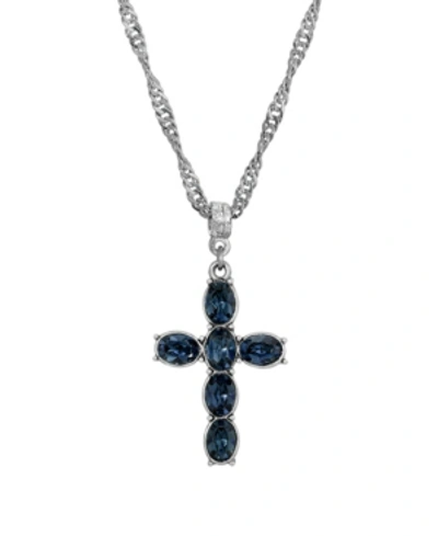 Symbols Of Faith Pewter Blue Crystal Cross Silver-tone Twisted Necklace