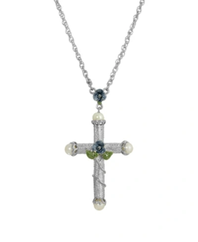 Symbols Of Faith Silver-tone Blue Enamel Cross Necklace