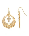 SYMBOLS OF FAITH 14K DIPPED HOOP CRYSTAL CROSS DROP EARRINGS