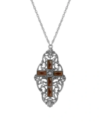 Symbols Of Faith Pewter Carnelian Stone Cross Necklace In Silver