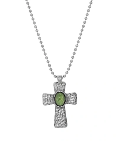 Symbols Of Faith Men's Silver-tone Green Hammered Metal Cross Necklace