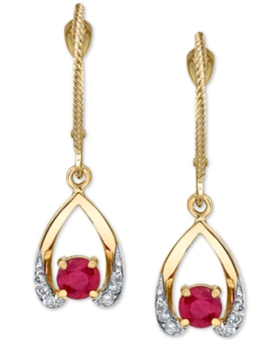 Macy's Ruby (5/8 Ct. T.w.) & Diamond (1/10 Ct. T.w.) Wishbone Drop Earrings In 14k Gold