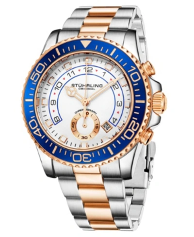 Stuhrling Men's Chronograph Diver Rose Gold-tone And Silver-tone Link Bracelet 42mm In White