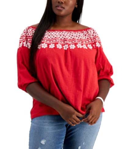 Tommy Hilfiger Plus Size Off-the-shoulder Embroidered Top In Red