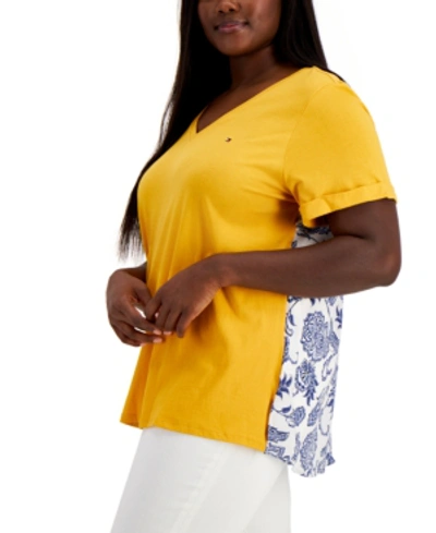 Tommy Hilfiger Plus Size Mixed Media V-neck T-shirt In Sunflower