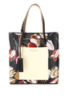 Marni Shopping Bag In Leather With Flower Print In Black,white,red,pink