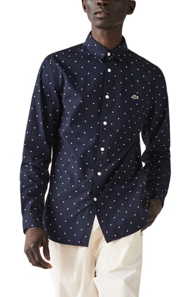 Lacoste Slim Fit Polka Dot Button-up Shirt In Navy Blue/white | ModeSens