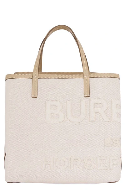 Burberry Mini Beach Horseferry Logo Canvas Tote In Soft Fawn