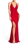 Dress The Population Iris Sleeveless Crepe Slit Gown In Garnet