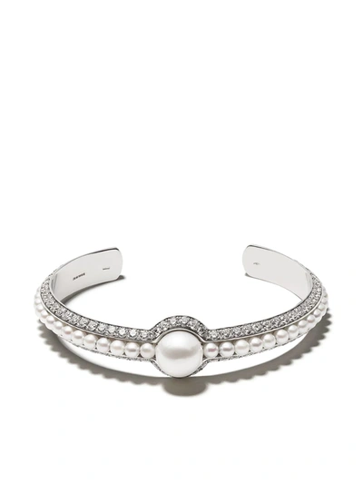 David Morris 18kt White Gold Diamond Pearl Rose Bangle