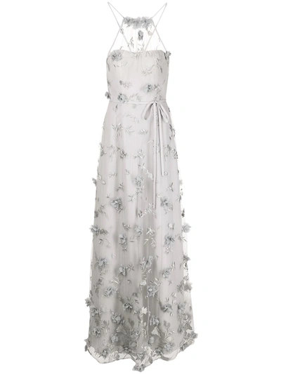 Marchesa Notte Bridesmaids Floral-embroidered Halterneck Gown In Grau