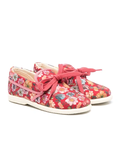 Pèpè Kids' Floral Print Bow-embellished Loafers In Red