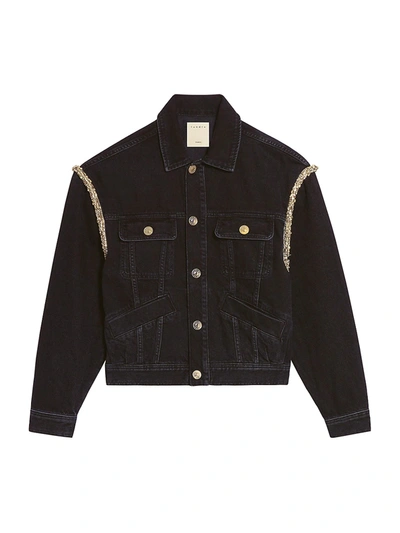 Sandro Paloma Faded Embellished Denim Jacket In Black