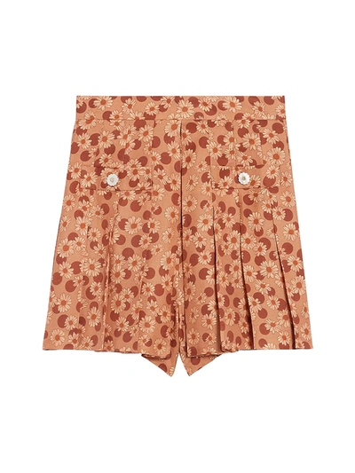 Sandro Moana Pleated Floral-print Twill Shorts In Brown